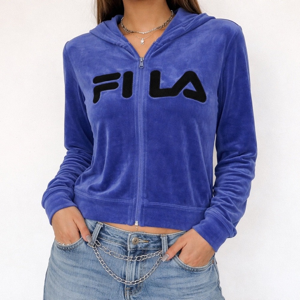 Y2K Fila Velour Hoodie Retro Sportswear‎ Vintage Athleisure Logo Blue Size Large